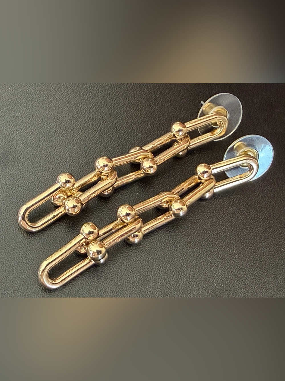 GOLD TONE GRADUATED U LINK GAUGE CHAIN DROP DANGLE EARRINGS 2.25" BALL ACCENT